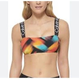 Calvin Klein Black Multi Abstract Print Stretch X-Fit UPF 50+ Swim Top Sz L NEW